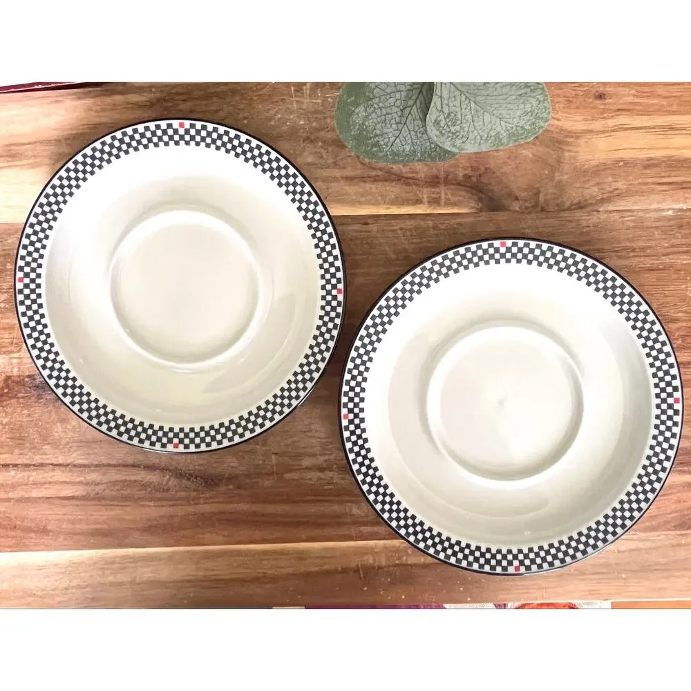 Set of 2 Vintage 90s Dansk Solvang Bistro Cups & Saucers Blue White Red Checks